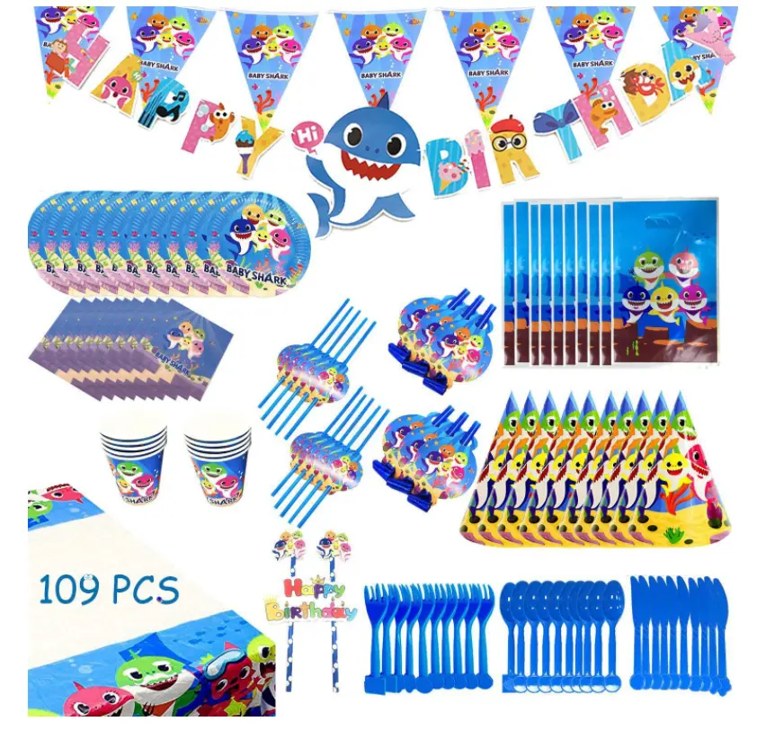 Shark Blue Birthday Decoration Kit Children's Birthday Party Cutlery Party Supplies Stock