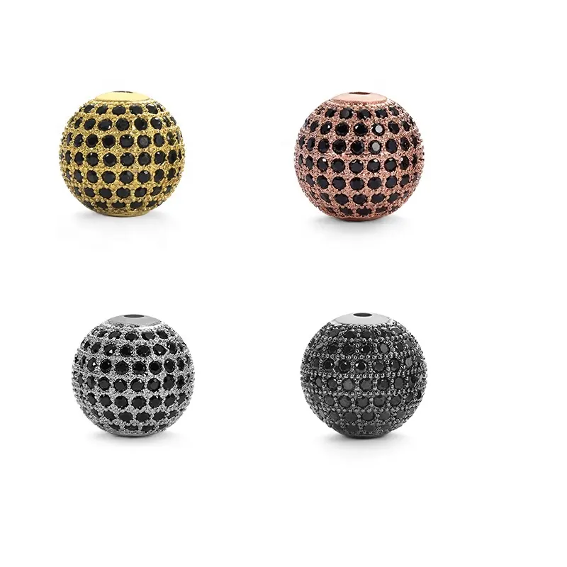 Free Sample Gold Rose Gold Color Sliver Gunmetal Plated Black CZ Pave Cubic Zirconia Micro Pave Brass Round Beads For Bracelet