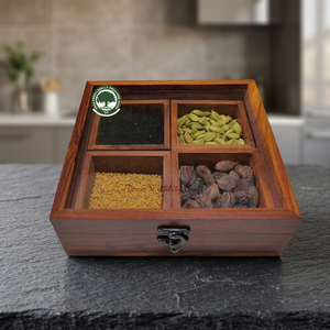 RIKSH Wooden Masala Box Rectangle Handmade Spice Storage With Glass Lid 4 Compartments Craft Gift Item - Product Image 4