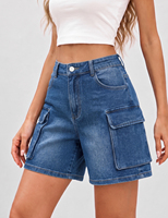 Shorts Cargo de Mezclilla Elástica para Mujer, Cómodos, con Bolsillos Utilitarios, Lavado Azul, Estilo Casual
