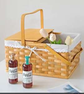 Panier de pique-nique en rotin tressé de haute qualité, écologique, pour les voyages en extérieur, avec couvercles et poignées - Product Image 5