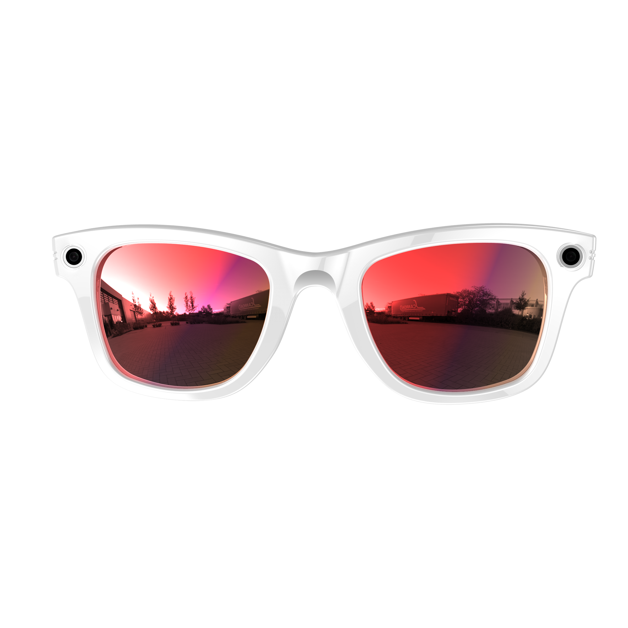Montura blanca + lentes con revestimiento rojo.