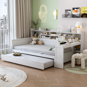 Wooden Twin Size Daybed with Storage Shelves, Multi-functional Bed with Twin Size Trundle Bed and <b>Study</b> <b>Desk</b>, Antique White - Product Image 1