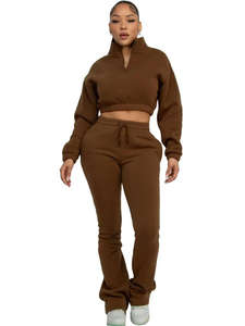 2026 Dames Casual Effen Sportieve Trainingspakken 2-delige Set Dames Winter Trend Rits Pullover + Trekkoord Flare Broek Matchende Outfits - Product Image 3