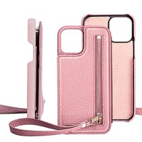Sac bandoulière de luxe en cuir véritable avec logo personnalisé, blocage RFID, emplacements pour cartes, sangle de poignet, poche zippée pour iPhone
