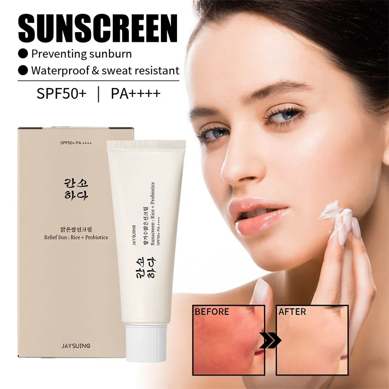 Jaysuing arroz probiótico crema solar anti quemaduras solares bloqueador solar crema hidratante brillo spf50 protector solar para mujeres piel seca