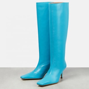 Women's Stylish Long Boots Low Heels Square Toe Fashion Knee High Booties Stone Pattern Denim on <b>Shoes</b> - Product Image 5