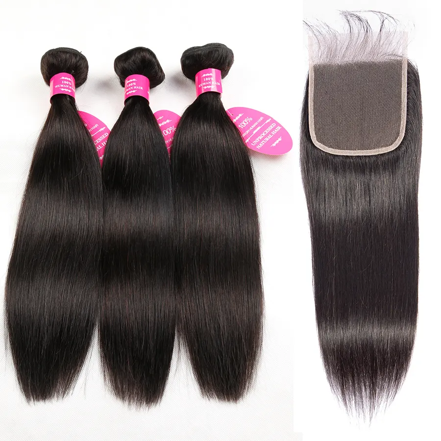 Brazilian Raw Virgin Hair Bundles With 4*4 Closure Unprocessed 100% Human Hair Extensions Cuticle Aligned Hair