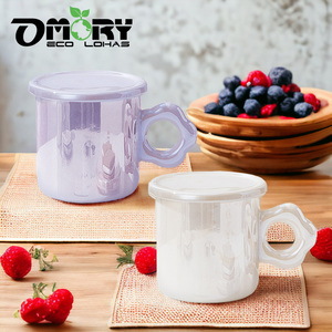 Tasse en céramique nacrée OMORY en forme de fleur 300ML avec couvercle - Poignée fleur blanche, style simple, fournitures de bureau, tasse à eau - Product Image 6