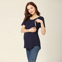 Camiseta de Maternidad de Verano de Manga Corta para Lactancia con Cremallera Invisible, Dobladillo Curvo, Algodón Elástico, Tallas US S-4XL