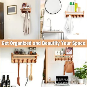 Estante de pared de madera con ganchos, organizador de entrada de 2 niveles para llaves y abrigos - Product Image 5