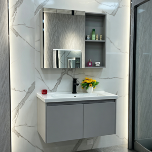 <span class=keywords><strong>Mobile</strong></span> <span class=keywords><strong>Bagno</strong></span> Sospeso in Acciaio Inox con Specchio Quadrato, Doppie Ante Grigio Opaco, Unità Vanity Flottante per Progetti Moderni - Product Image 6