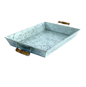 Plateau galvanisé de vente élevée servant en métal arrondi avec manche en bois vaisselle cuisine plateau de service galvanisé décoratif - Product Image 3