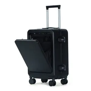 Custom Spinner 4 Wheels PC Koffer Carry On Hard Shell Travel Aluminum Frame Suitcase Luggage With Front Pocket