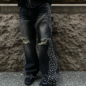 Vaqueros con diamantes desgastados lavados de pierna recta estilo hip hop para hombre personalizados de fabricante para hombre - Product Image 1