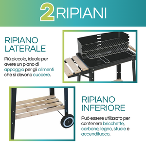Barbecue a Carbone in Metallo 53x33x85 Cm con Ruote e Ripiani in Legno, Carrello Grill Regolabile Nero BBQ - Product Image 3