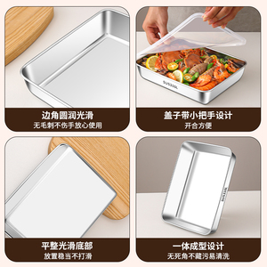 Stainless Steel Food Tray Rectangle With Lid Thickened For <b>Storage</b> And Preparation - Product Image 4