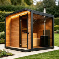 Véranda noire en verre et bois avec entrée en bois, pour jardin, hôtellerie, projets de sourcing en gros, sauna extérieur à bois