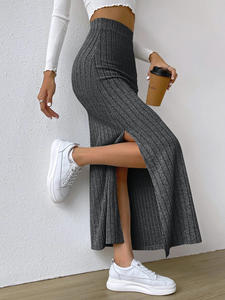Channel Apricot Grey Otoño 2025 Mujeres <span class=keywords><strong>Pull</strong></span> on High Waist Ribbed Knit Long Maxi Sweater <span class=keywords><strong>Falda</strong></span> con abertura - Product Image 4