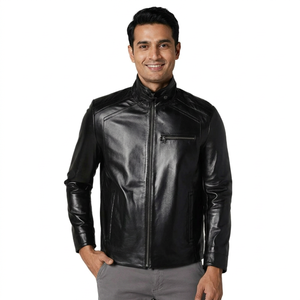Solid Color Stand Collar Leather <b>Jacket</b> for <b>Men</b> Genuine Canvas Factory Price Plain Design <b>jacket</b> for <b>men</b> - Product Image 1