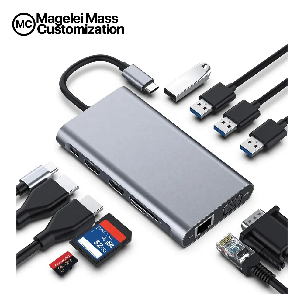 Werkseitige Lieferung Multifunktion Typ C zu RJ45 HDMI VGA USB3.1 SD U Disk Port 11 in 1 Hub Adapter für Mobilgeräte