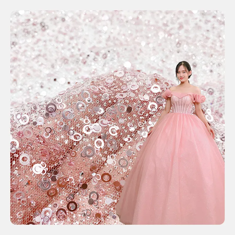 Annual Best Selling Glitter Sequin Sparkle Pink Tulle Fabric with Small Diamond For Sequin Wedding Dress