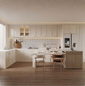 Projet American Villas : Armoire de cuisine en MDF avec porte carrée de style shaker, finition stratifiée couleur bois brillant, robinet et évier, pour appartement et centre commercial - Product Image 2