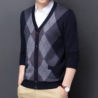 Cardigan en tricot jacquard à col en V pour homme, à boutons, manches longues, deux poches latérales, coupe classique, pour le travail, automne-hiver, pull chaud