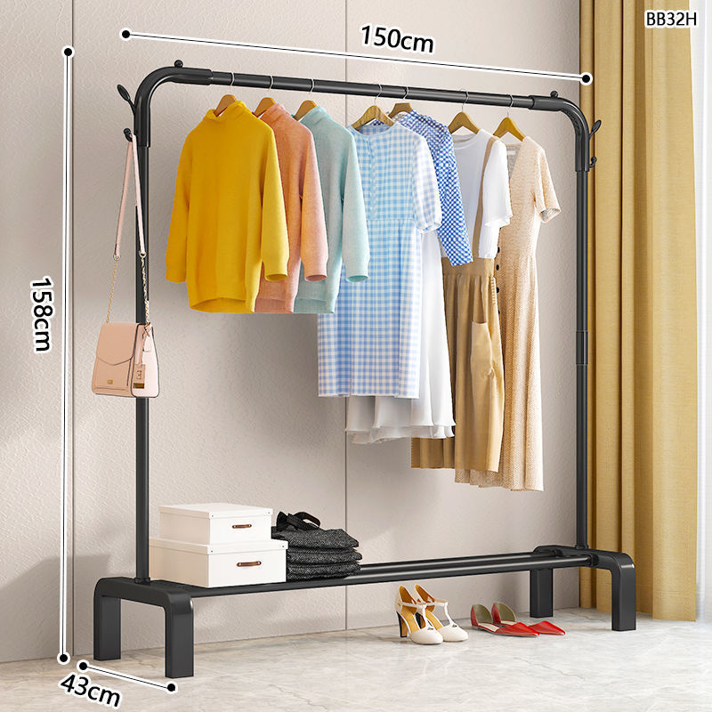 150CM [สีดำ] ราวแขวนเสื้อผ้าและตะขอ