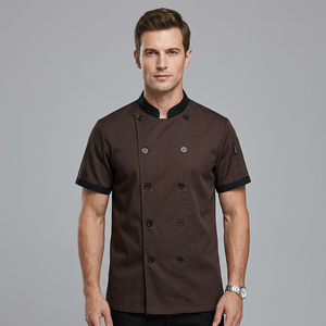 Chaqueta de Chef Marrón de Manga Corta con Cuello Mao, Doble Abotonadura y Ribete en Contraste para Restaurante y Bar - Product Image 2