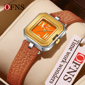 Montre carrée romaine pour femme OFNS 7225, bracelet en cuir pleine fleur, étanche, style rétro, mouvement à quartz - Product Image 1