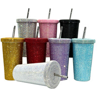 Gobelet isotherme en acier inoxydable à double paroi Bling 16oz/24oz avec couvercle, paille et strass, anti-fuite, sans BPA, pour le bureau