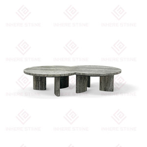 Custom Living Room Home Decor Classical Natural Stone <strong>Furniture</strong> Luxury Marble Round Silver Grey Travertine <strong>Coffee</strong> <strong>Table</strong> <strong>Set</strong> - Product Image 2