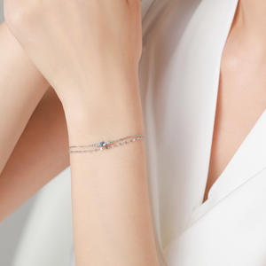 Bracelet double chaîne en argent sterling S925 avec zircon rond bleu glace pour femme, bijoux de mode au quotidien, version personnalisable en cuivre - Product Image 5