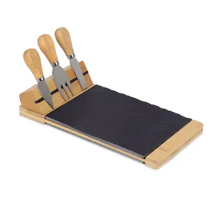 Picnics Charcuterie-Eco-Friendly Chopping Block Rectangle Bamboo & Slate Cheese Board with Handle Wood Cheese Knife