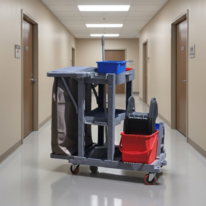 Heavy Duty Janitorial Cart With 4 <b>Wheels</b> <b>Plastic</b> Frame 2 Shelves Built-In Shelf Indoor Use - Product Image 5