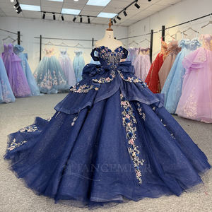 Vestido de Quinceañera Azul Marino y Dorado Dy1345 con Cuentas, Vestido de Fiesta de Cumpleaños, 100% Algodón Chifón, con Sujetador Incorporado, Maxi Vestido de Fiesta - Product Image 4