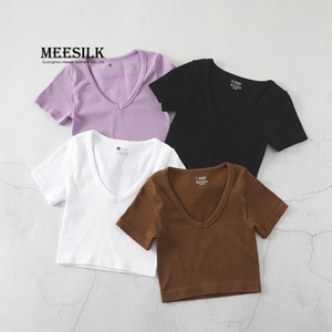 Custom Wholesale High Quality Blank Ribbed Crop Top Slim Fit T-Shirt V-Neck Casual Loose Short Sleeve <strong>Tshirt</strong> <strong>for</strong> <strong>Women</strong> - Product Image 3
