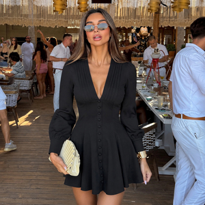 Vestido midi con cuello en V profundo y botones frontales, línea A, cintura entallada, negro, estilo francés, sexy, elegante, para fiesta de té, formal, favorecedor - Product Image 1
