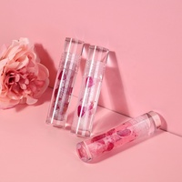 Huile à lèvres en verre avec logo personnalisé, pétales de rose séchés, gelée de fleurs de rose, huile de jojoba, acide hyaluronique, baume repulpant transparent pour les lèvres