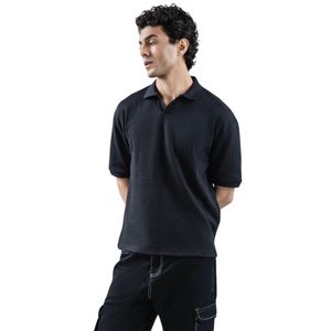 Premium Polyester/Coton Noir Solide Jacquard À Manches Courtes pour Chemise Hommes De Luxe Texturé Respirant Tricot Golf Porter Personnalisé OEM - Product Image 1