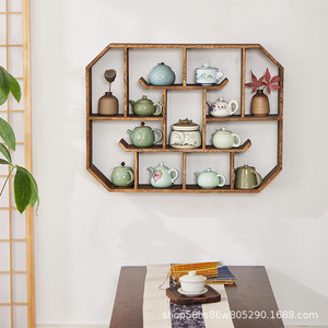 Estante de exhibición de madera maciza antigua, montado en la pared, estilo chino, con múltiples compartimentos, para almacenamiento de té en la sala de té. - Product Image 2