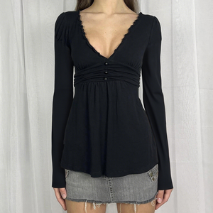 Top de punto de manga larga con cuello en V y volantes para mujer, camiseta plisada con cintura ajustada, elegante, informal, elegante, ropa de moda diaria - Product Image 2