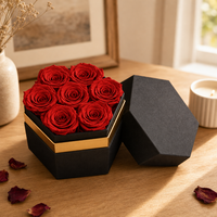 Boîte hexagonale de roses éternelles de luxe, 7 têtes, fleurs éternelles, boîte cadeau noir et or, Saint-Valentin, mariage, anniversaire, vente en gros, personnalisable