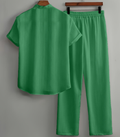 Ensemble chemise et short décontracté d'été pour homme, en polyester 100% respirant, tissé froissé, à manches courtes, deux pièces, coupe ample, sans coutures