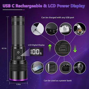 Potente Linterna UV de 365NM, Recargable por USB, Resistente al Agua IP55, Luz Púrpura, Cuerpo de Aleación de Aluminio, Detector de Manchas de Orina de Mascotas con Imán - Product Image 4