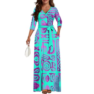 Vestito da donna taglie forti di tendenza, elegante e lungo, con scollo a V e maniche lunghe, motivo tatuaggio polinesiano samoano - Product Image 2