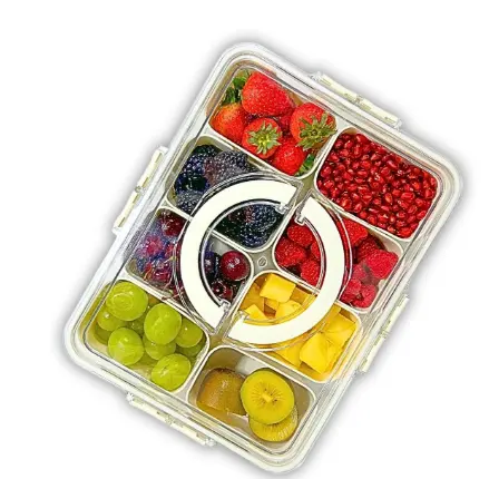 Nieuw Product 8 Compartimenten Plastic Doorzichtig Voedsel Serveerschaal Met Deksel En Handvat Kruiden Fruit Opslagcontainer