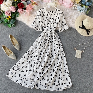Summer <strong>Cherry</strong> Print <strong>Dress</strong> Women Sweet Elegant Korean Casual V Neck <strong>Dresses</strong> Bandage High Waist Maxi Party Long <strong>Dress</strong> Temperament - Product Image 4