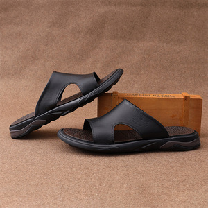 Men's First Layer Cowhide Leather <b>Slides</b> Open Toe Rubber Outsole Anti <b>Slip</b> Summer Casual Sandals - Product Image 1